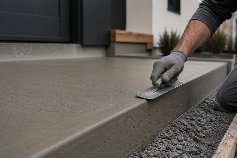 Finished concrete walkway leading to a renovated home exterior