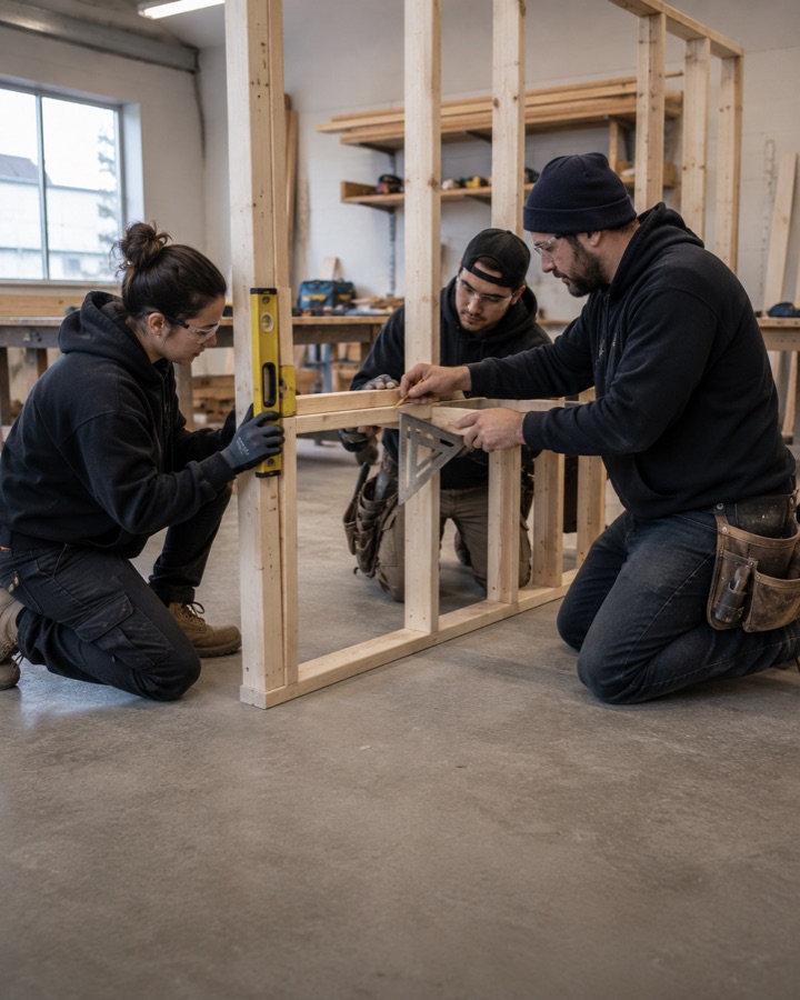Instructor guiding a student through framing work