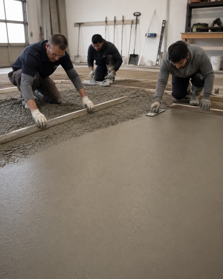 Students trowelling a fresh concrete slab in a workshop