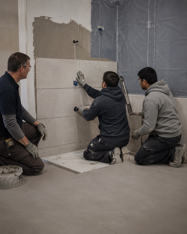 Tile setter laying large-format tile on a bathroom wall