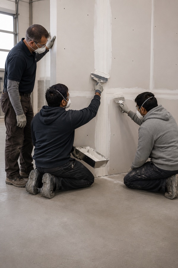 Worker taping and finishing a drywall joint