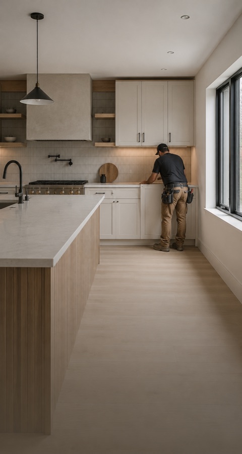 Custom kitchen with island, cabinetry and pendant lights