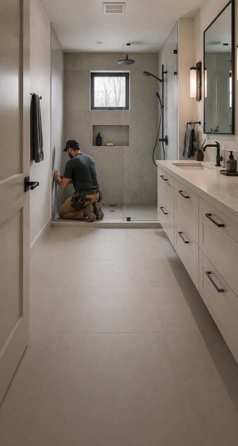 Renovated bathroom with walk-in glass shower and tile work