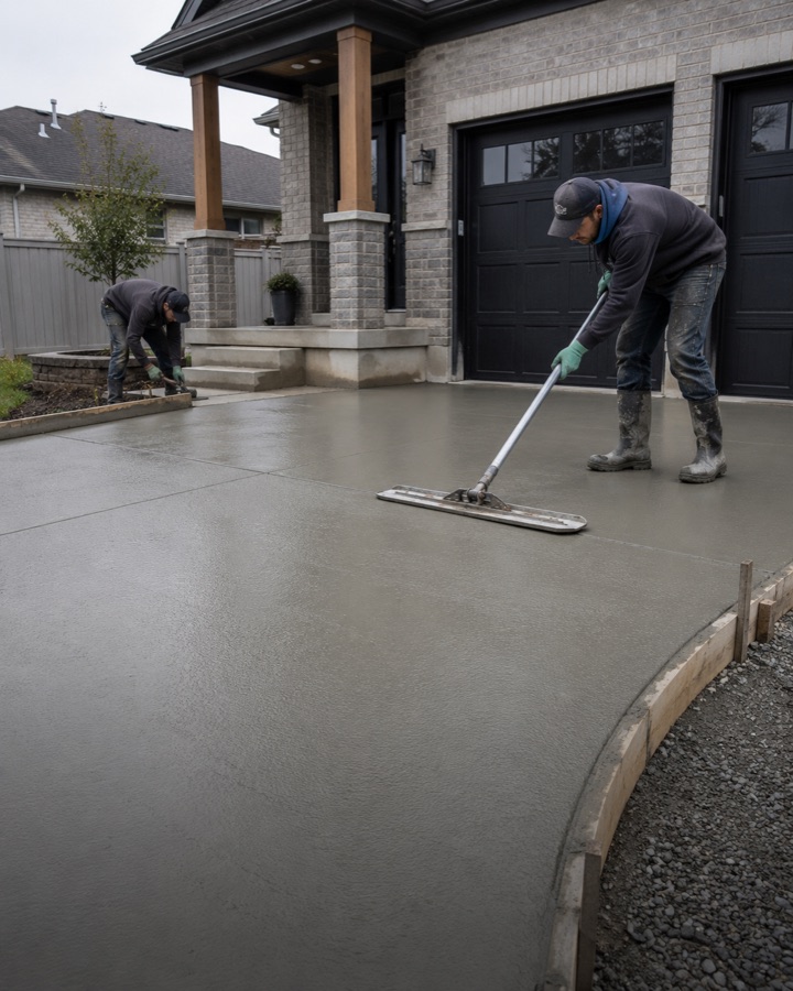 Crew finishing a fresh concrete driveway in front of a home